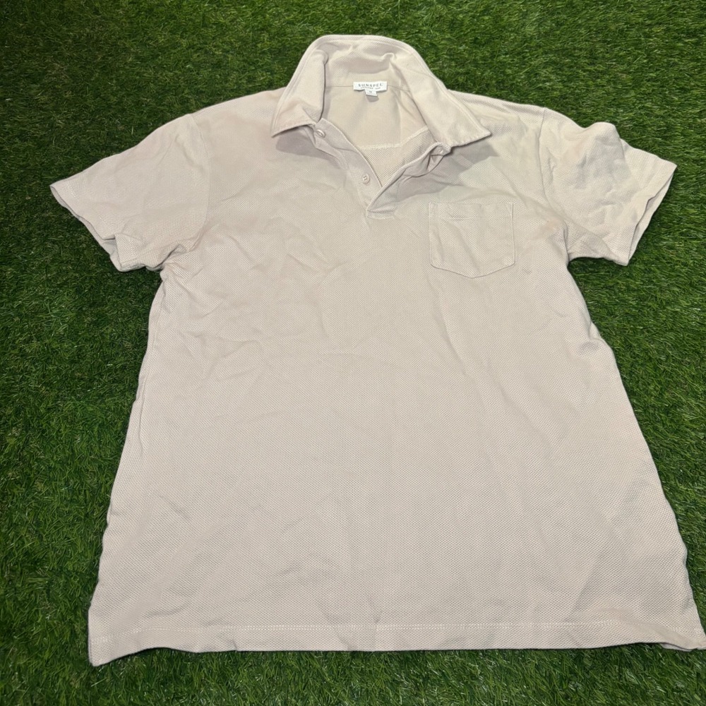 Sunspel Riviera Polo Shirt Beige Cotton Mesh Short Sleeve Mens Medium MPOL1026